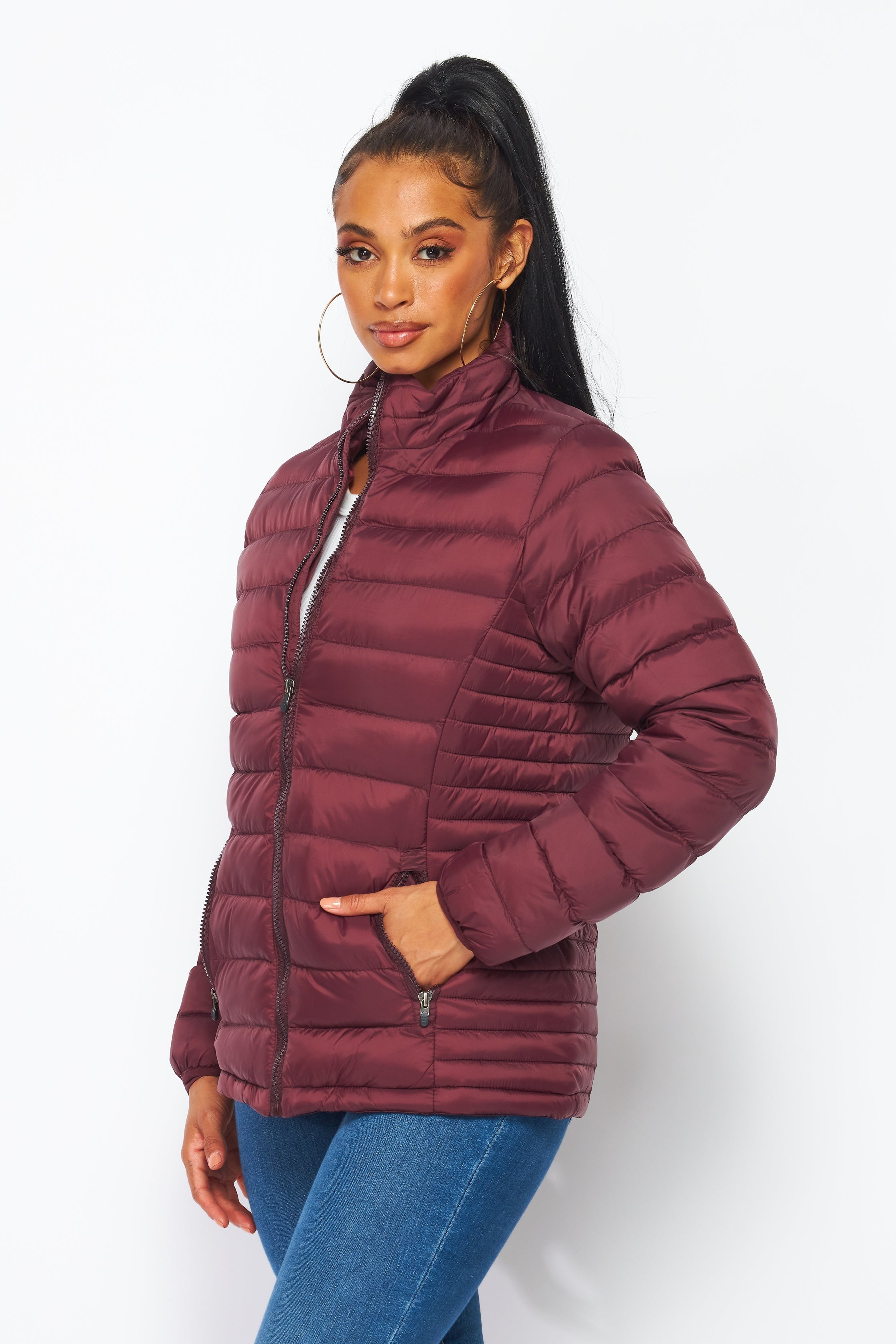 Women's Soft Coated Winter Puffer Jackets-LJ640 - BURGUNDY