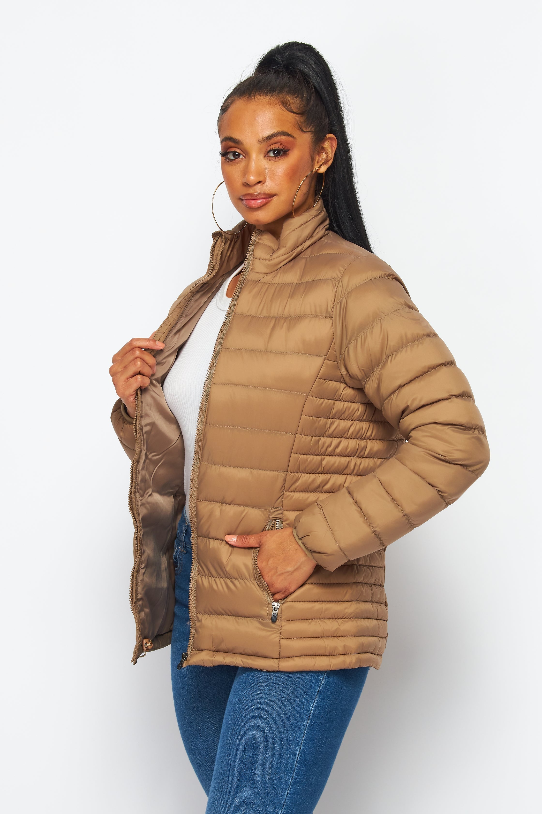 Women's Soft Coated Winter Puffer Jackets-LJ640 - KHAKI