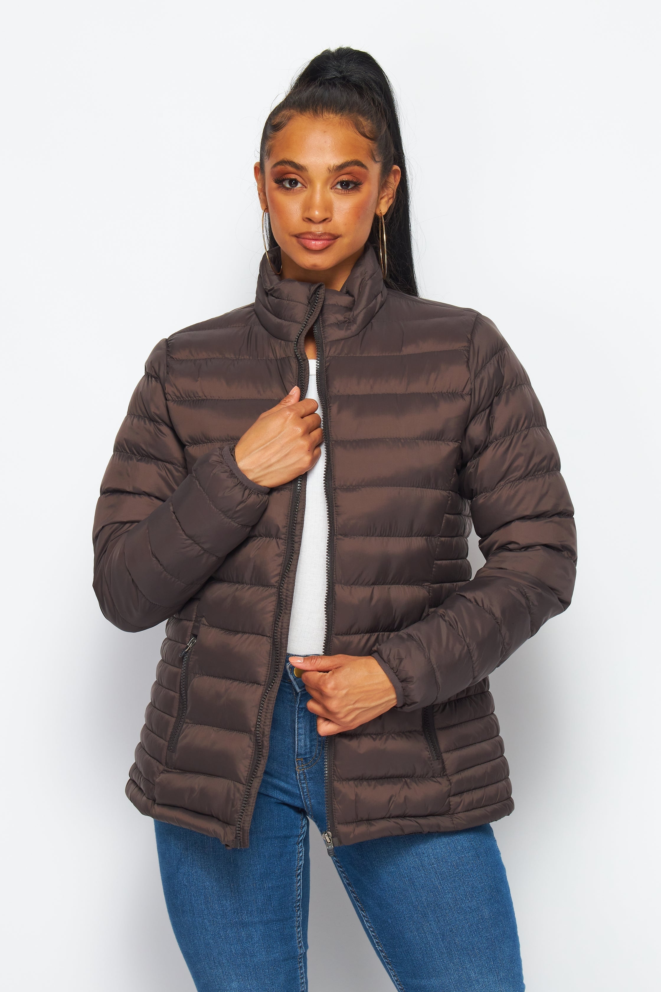 Women's Soft Coated Winter Puffer Jackets-LJ640 - BROWN