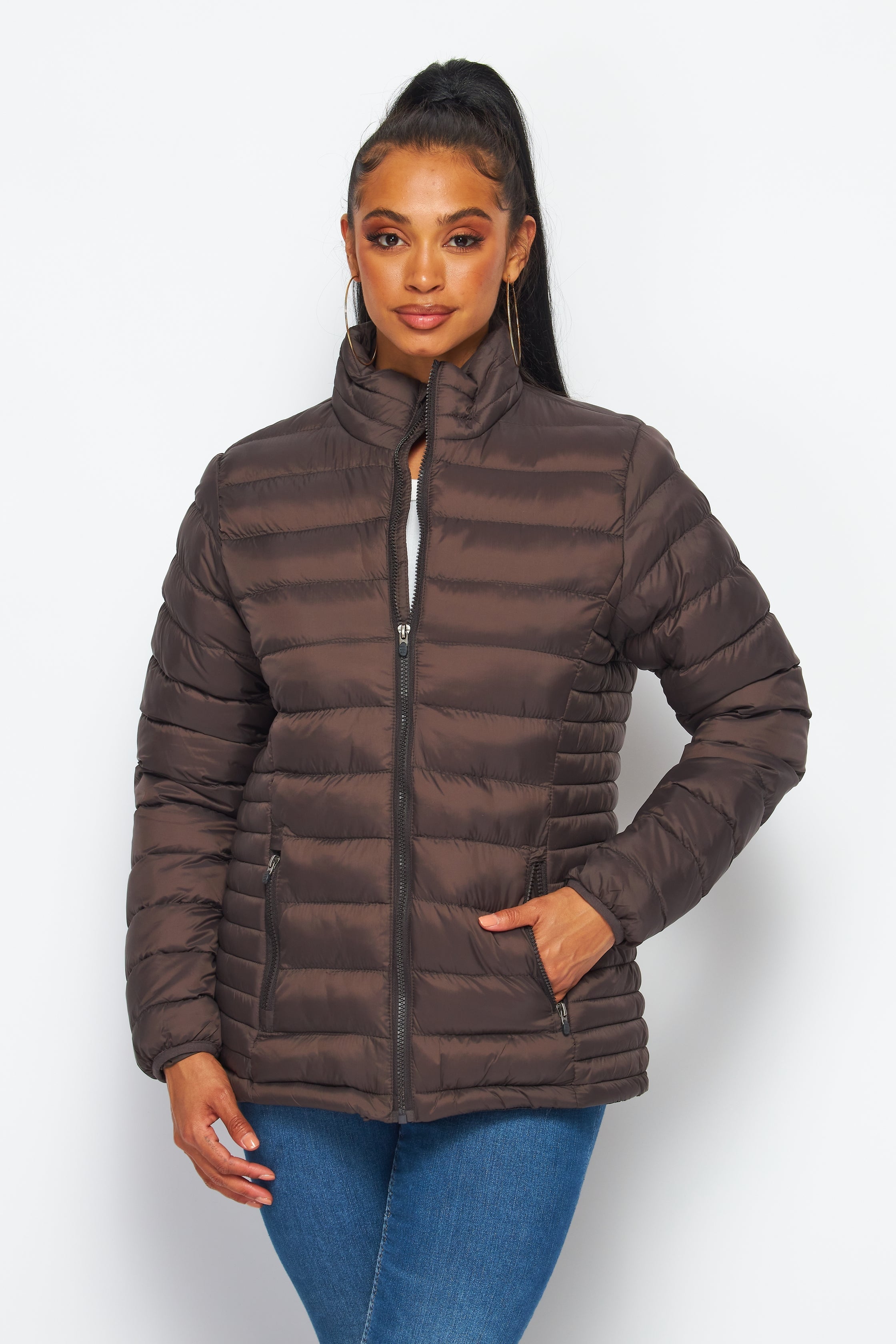 Women's Soft Coated Winter Puffer Jackets-LJ640 - BROWN