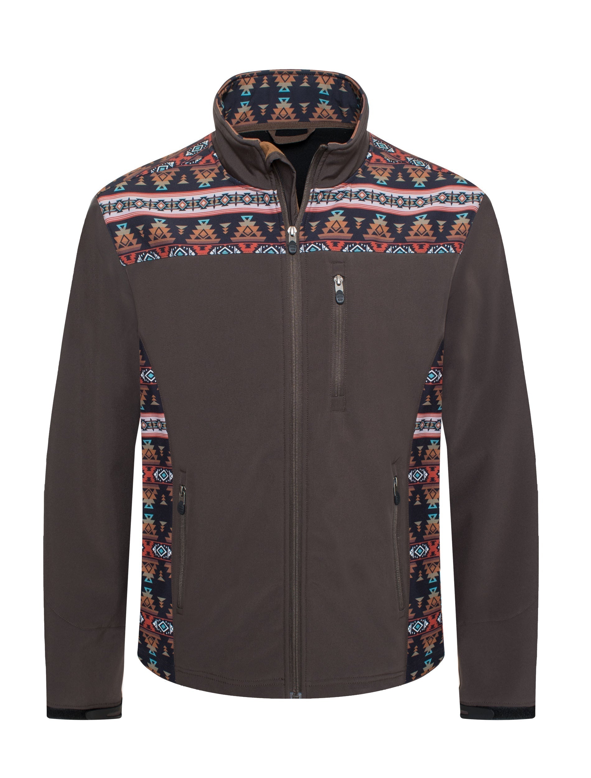 Men's Soft Shell Bonded Jacket With Western Aztec Print -NJ650EMB-AZ-BROWN-RUST