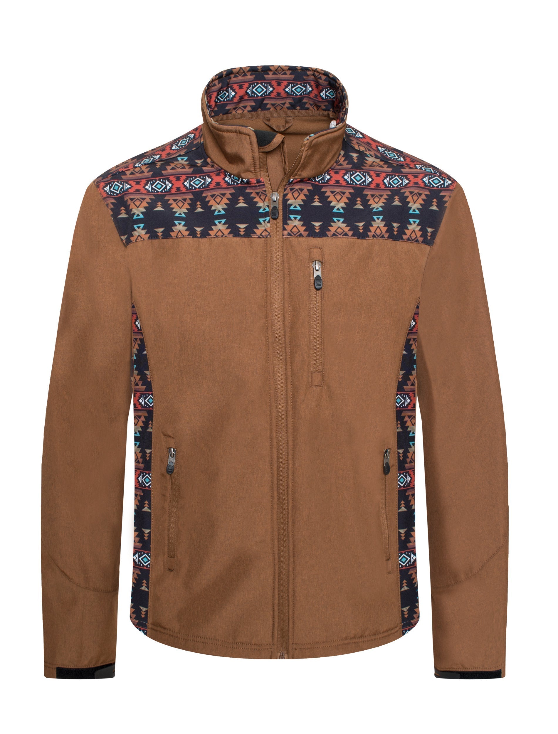 Men's Soft Shell Bonded Jacket With Western Aztec Print -NJ650EMB-AZ-COGNAC-RUST