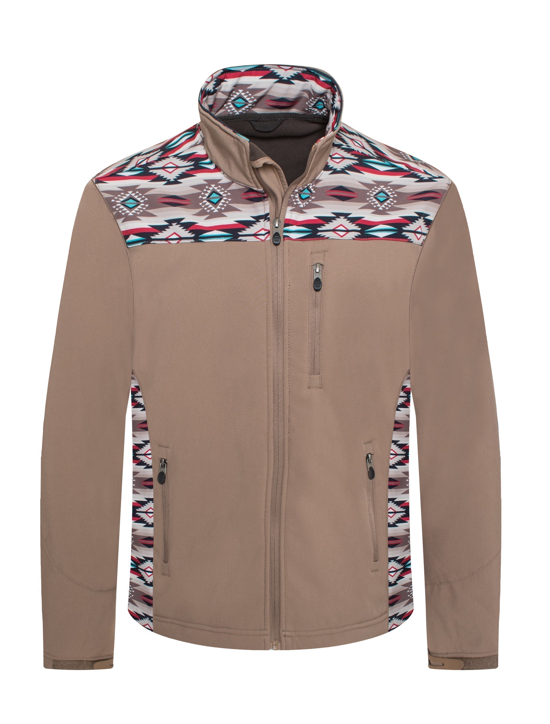 Men's Soft Shell Bonded Jacket With Western Aztec Print -NJ650EMB-AZ-KHAKI-BROWN