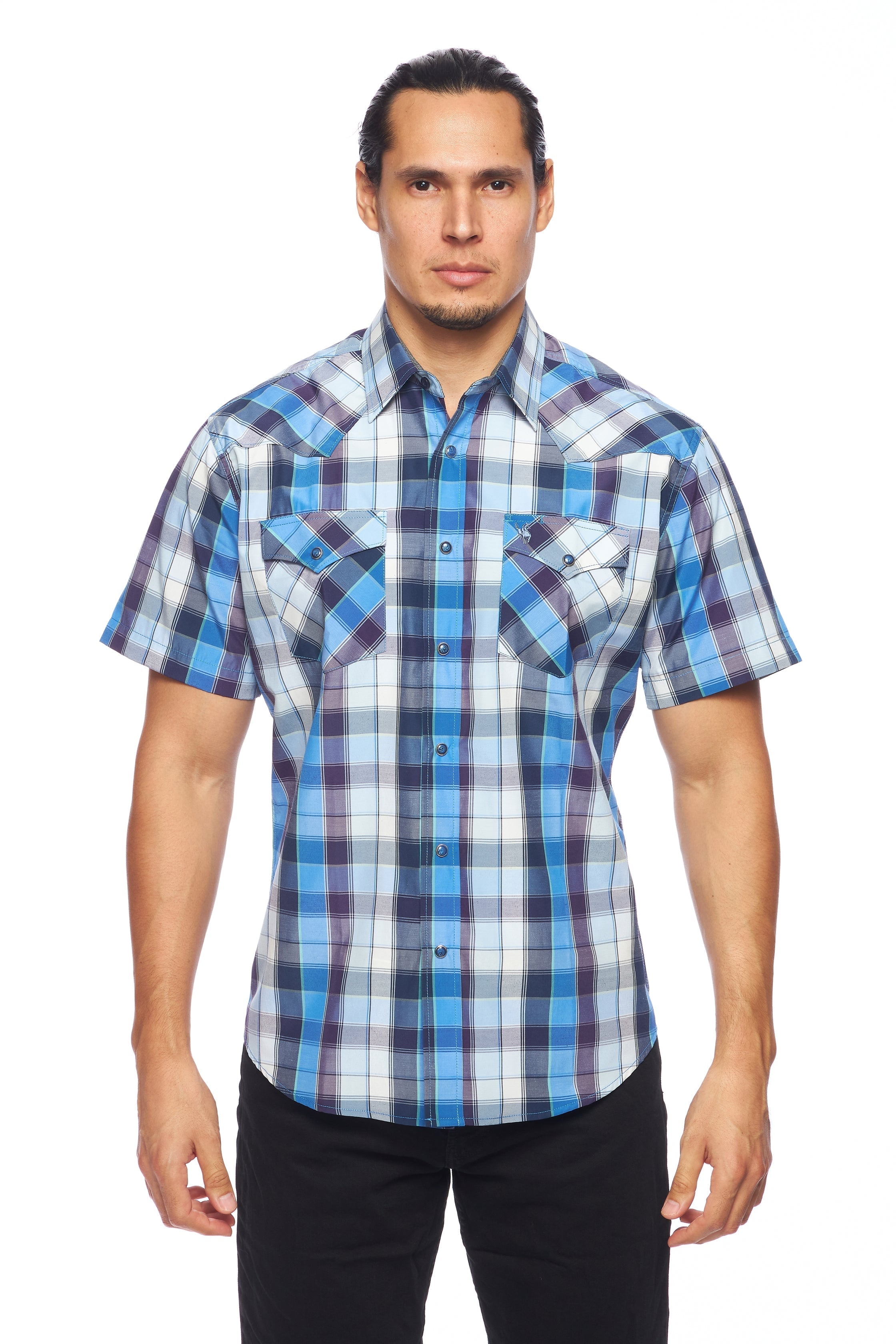 Men's Western Short Sleeve Pearl Snaps Plaid Shirt -PS400S-468