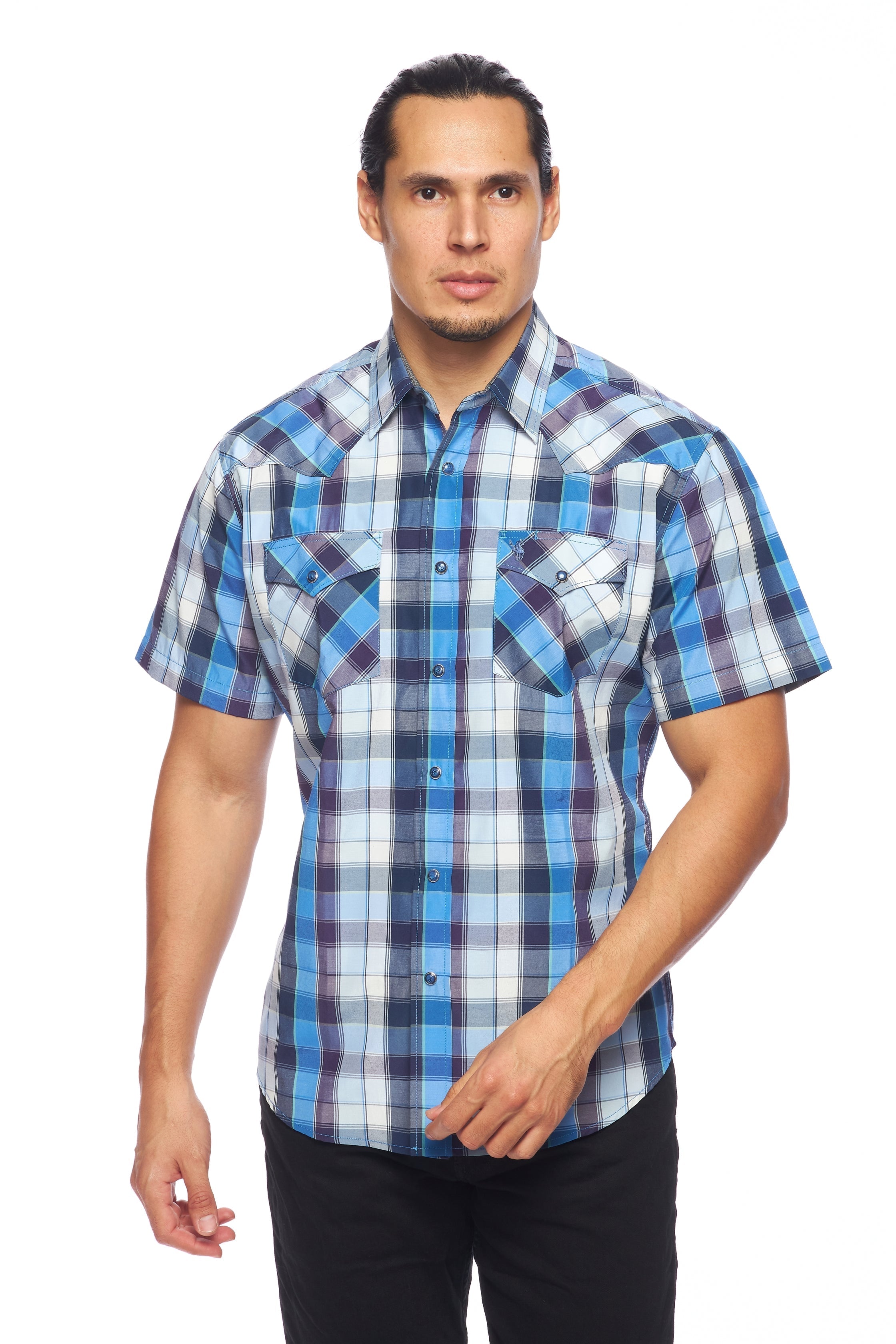 Men's Western Short Sleeve Pearl Snaps Plaid Shirt -PS400S-468