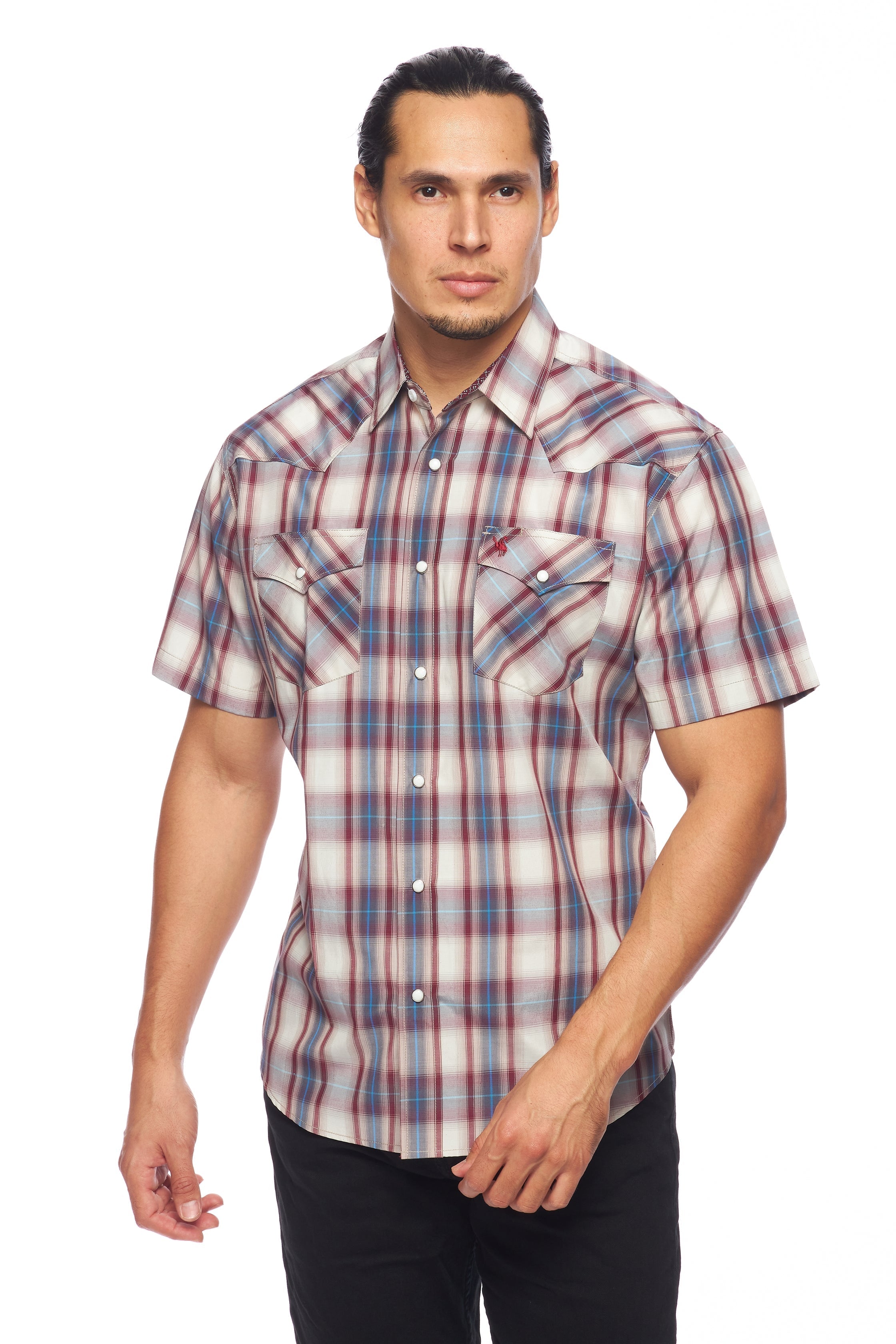 Men's Western Short Sleeve Pearl Snaps Plaid Shirt -PS400S-406