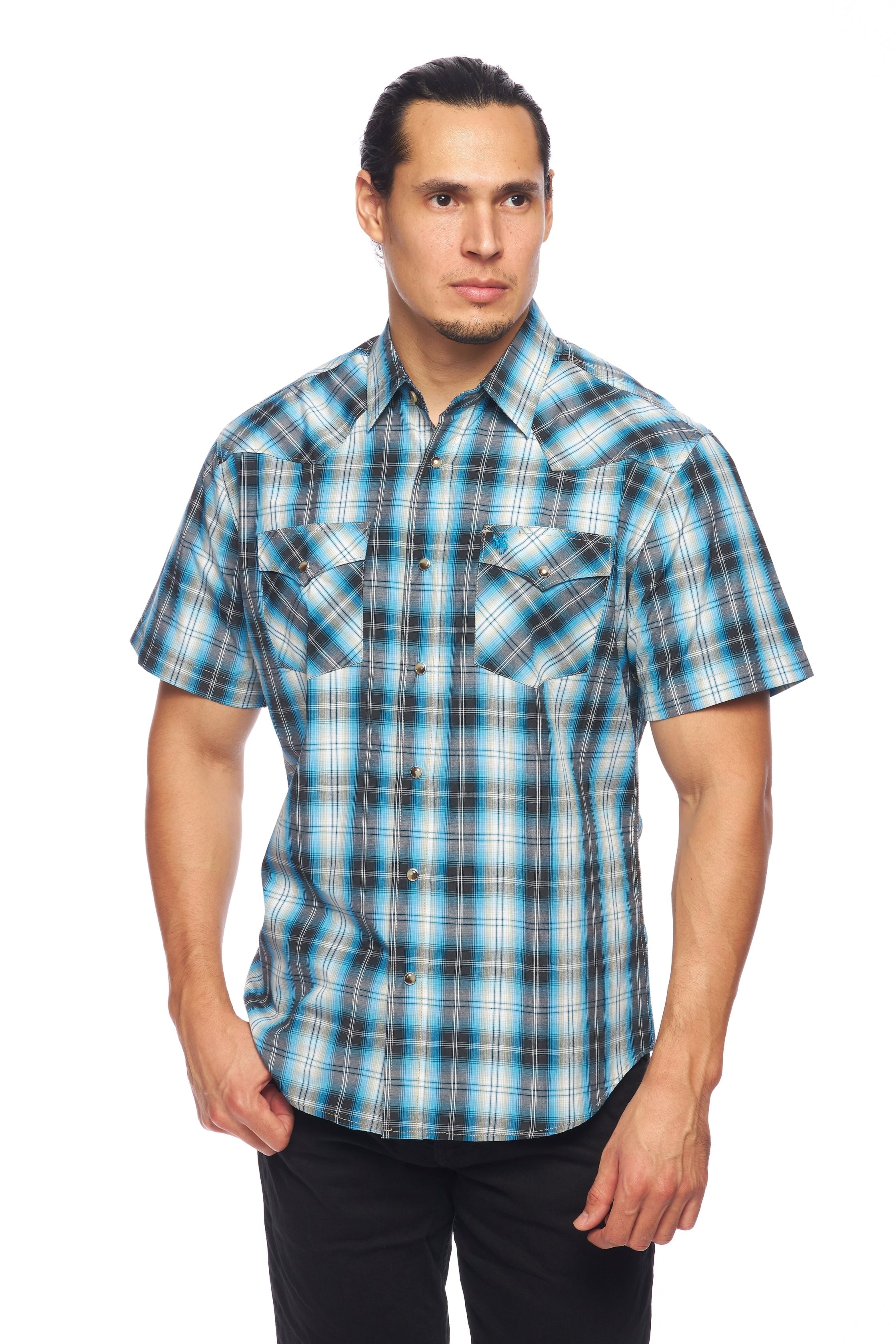 Men's Western Short Sleeve Pearl Snaps Plaid Shirt -PS400S-478