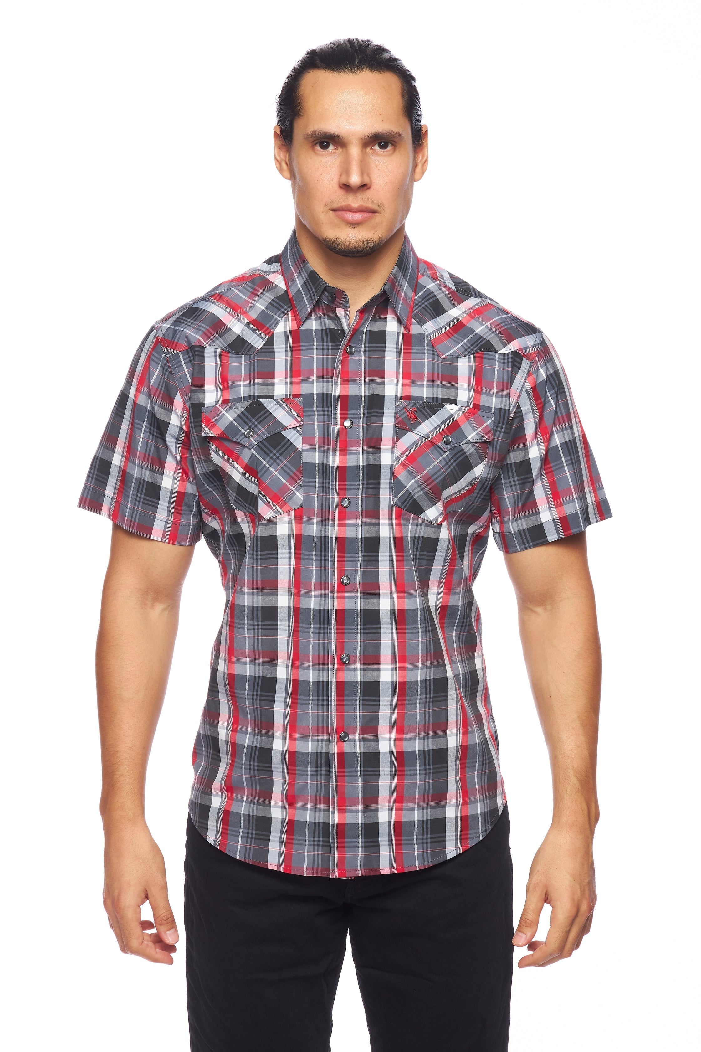 Men's Western Short Sleeve Pearl Snaps Plaid Shirt-PS400S-403