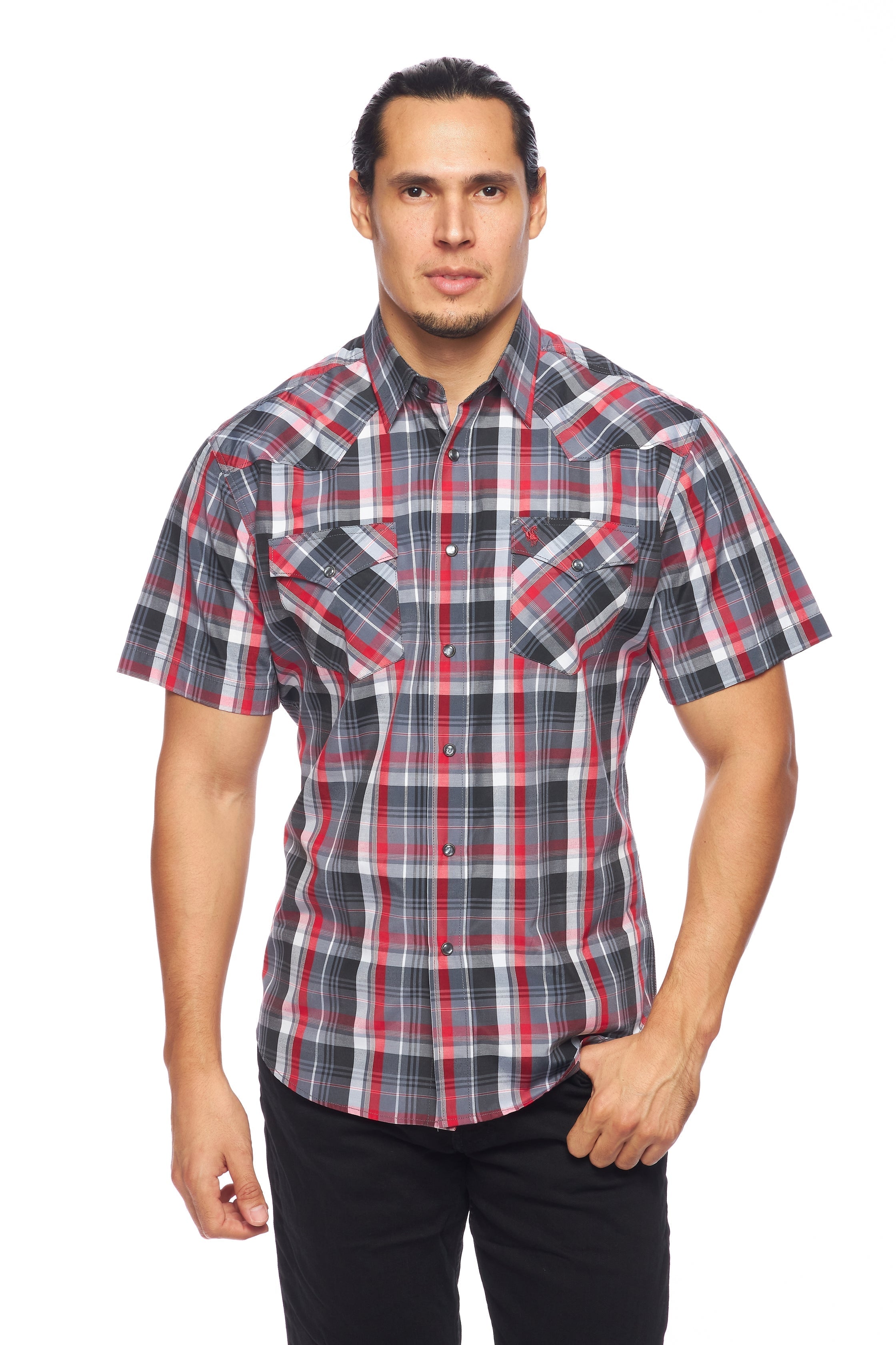 Men's Western Short Sleeve Pearl Snaps Plaid Shirt-PS400S-403