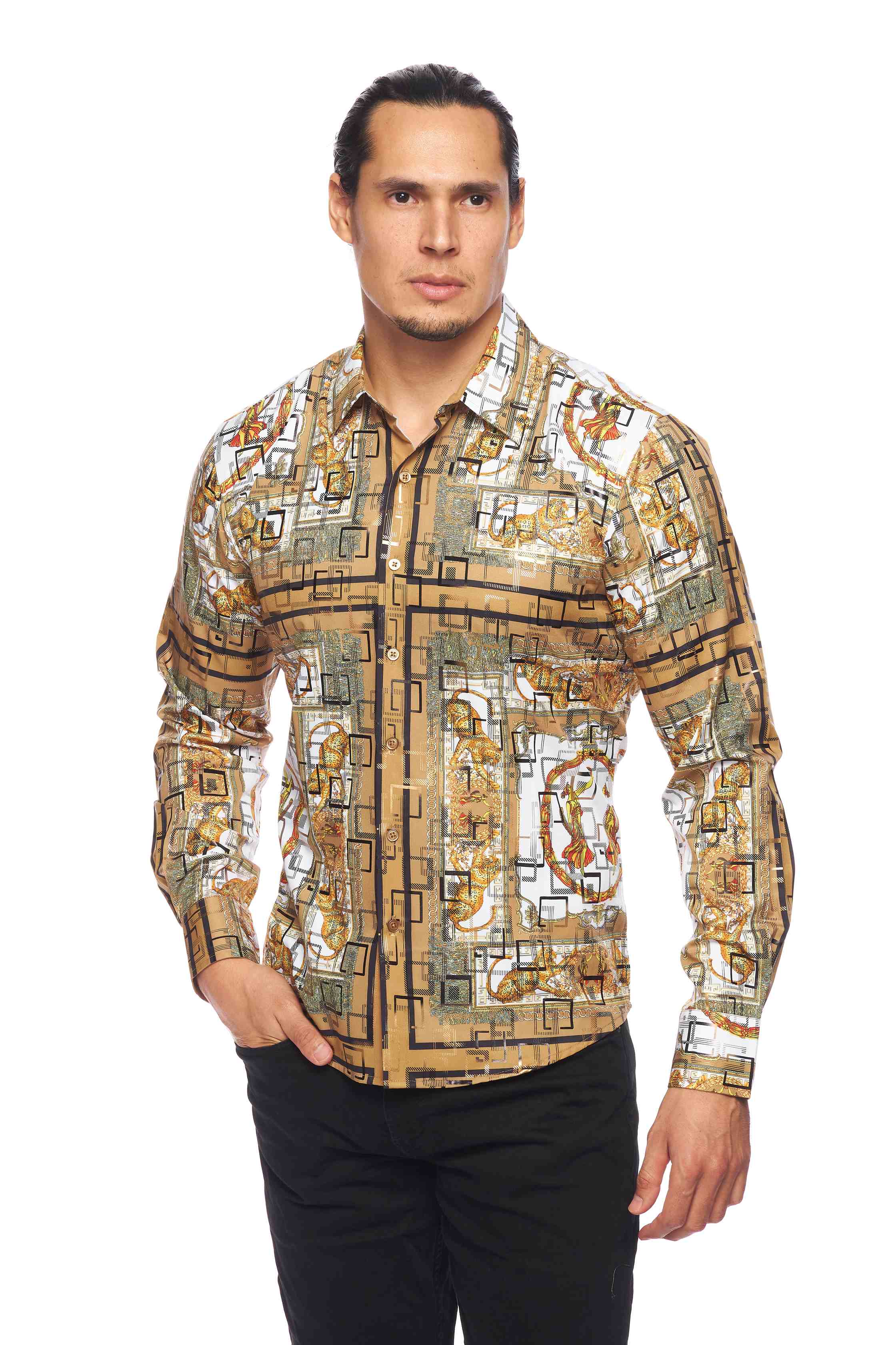 Mens Luxury Brand Printed Silk Like Shirts-HLS2002L-535