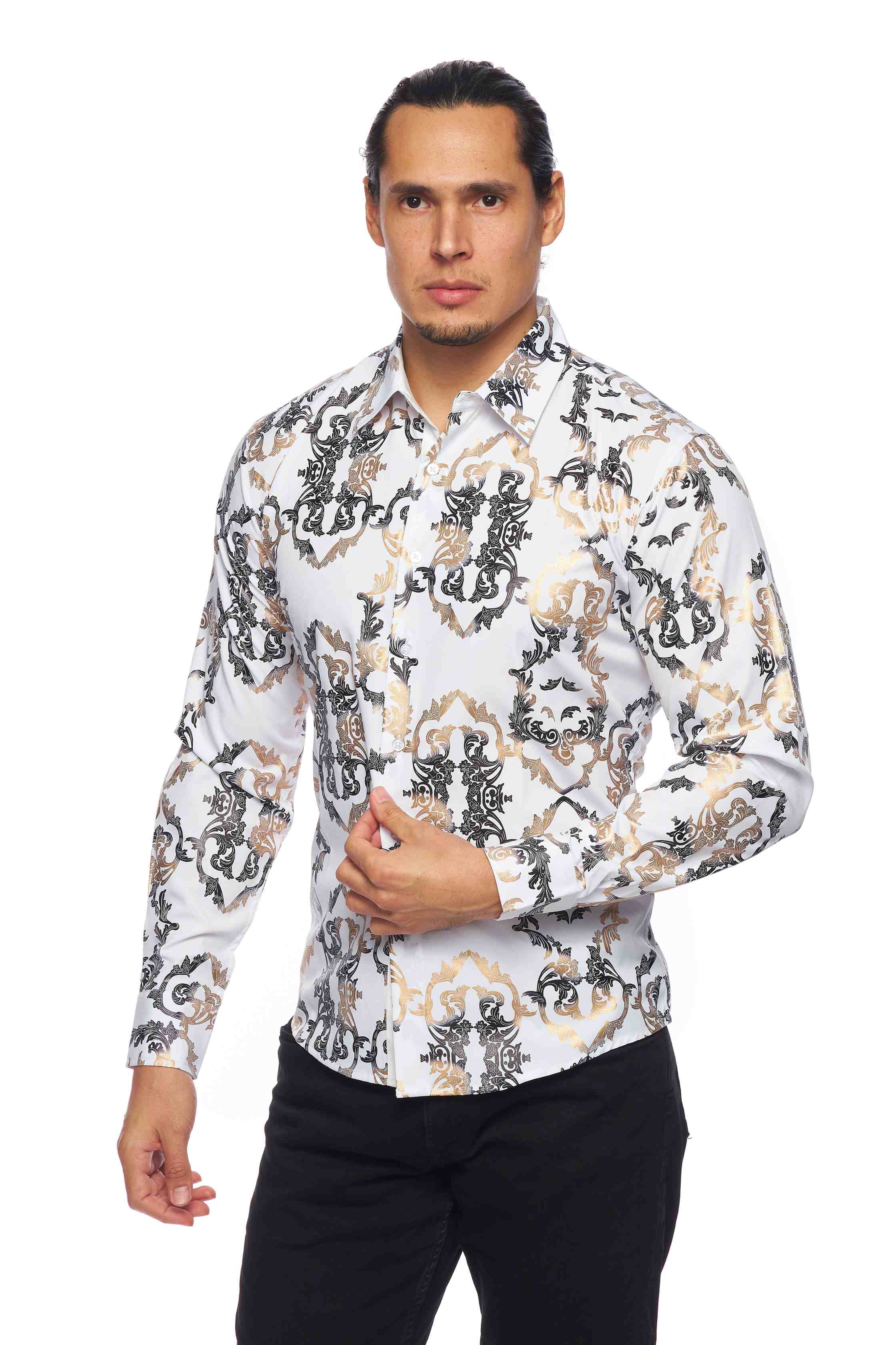 Mens Luxury Brand Printed Silk Like Shirts-HLS2002L-517