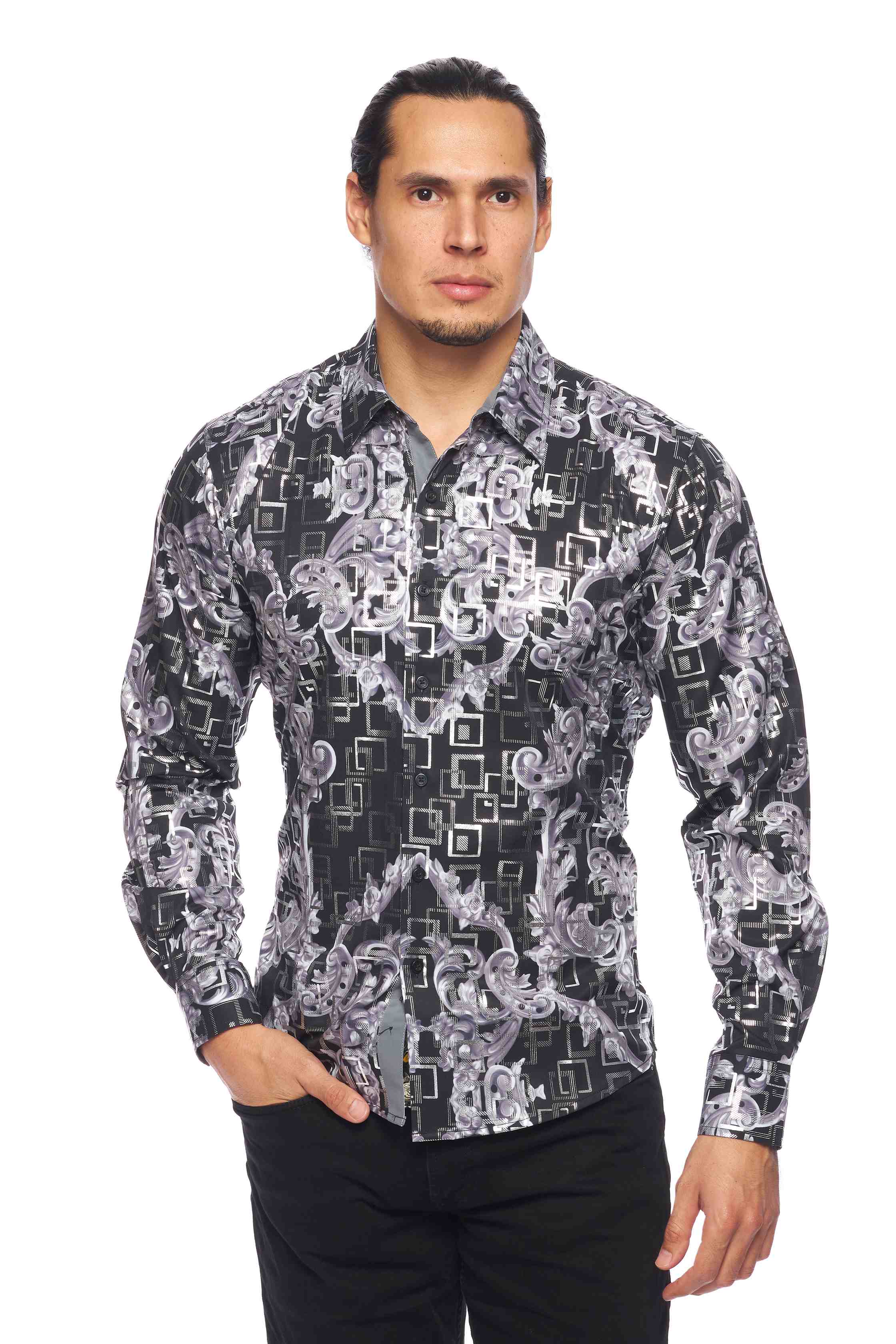 Mens Luxury Brand Printed Silk Like Shirts-HLS2002L-515