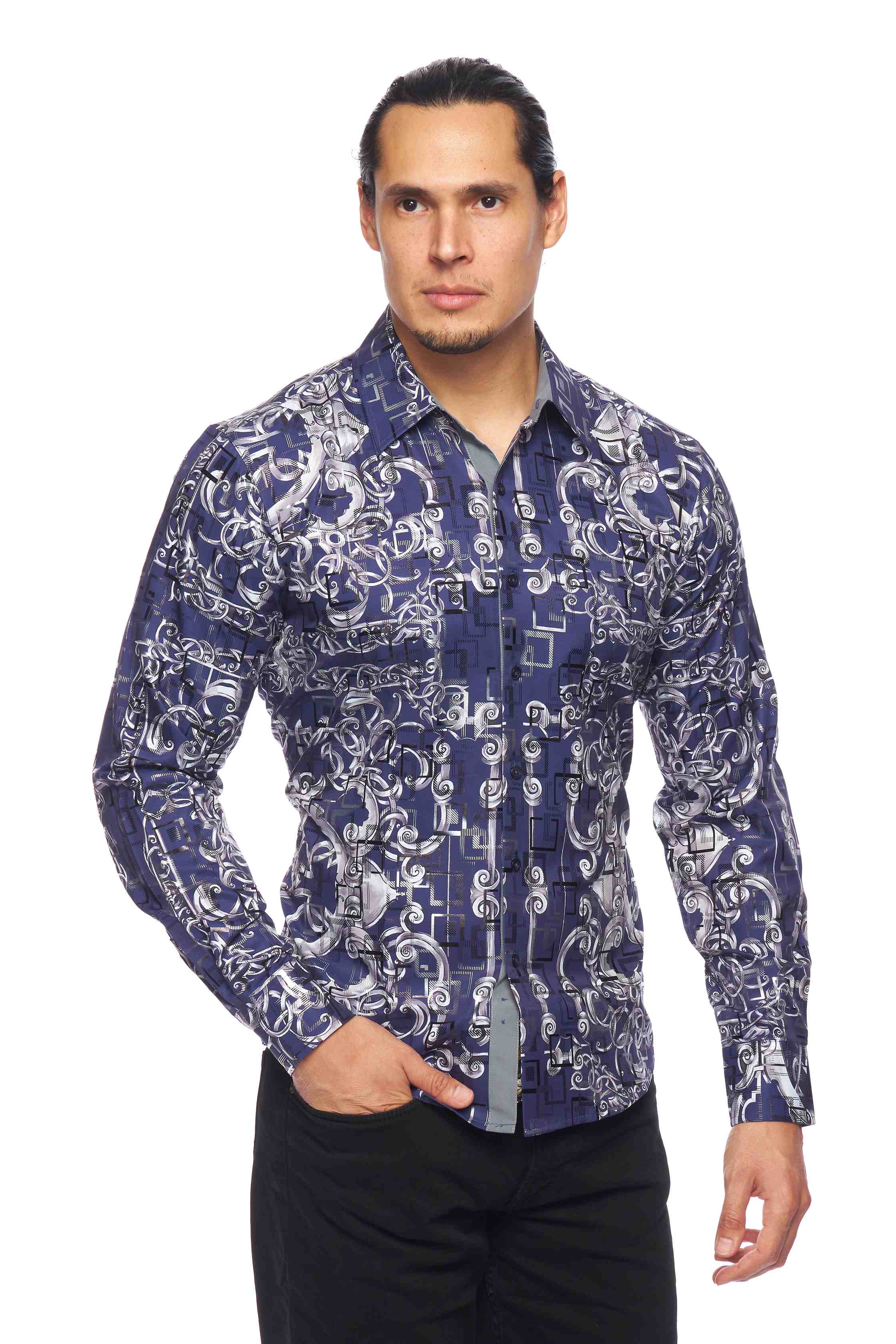 Mens Luxury Brand Printed Silk Like Shirts-HLS2002L-520