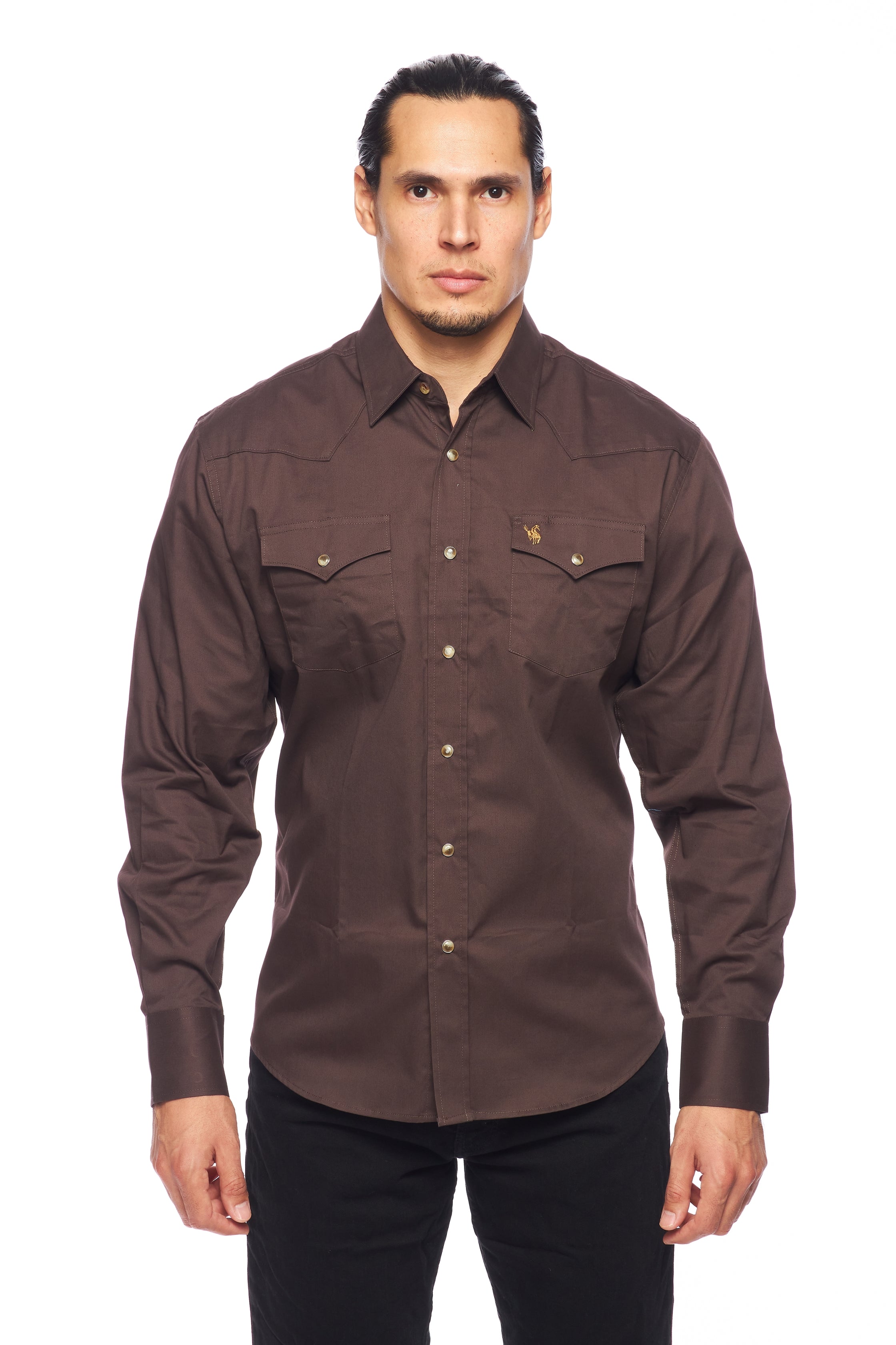 Men's Western Solid Twill Shirt-AC108L-BROWN