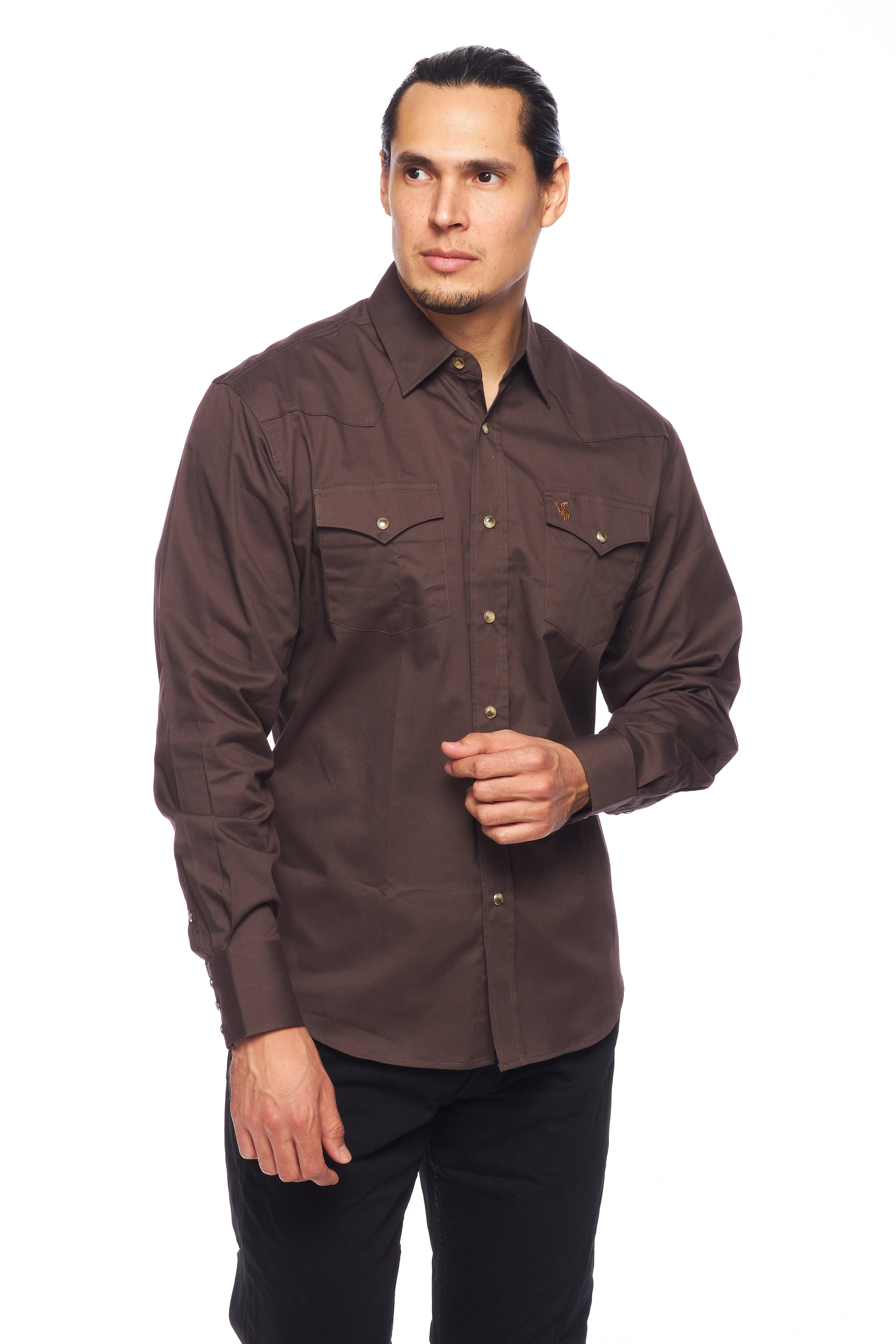 Men's Western Solid Twill Shirt-AC108L-BROWN