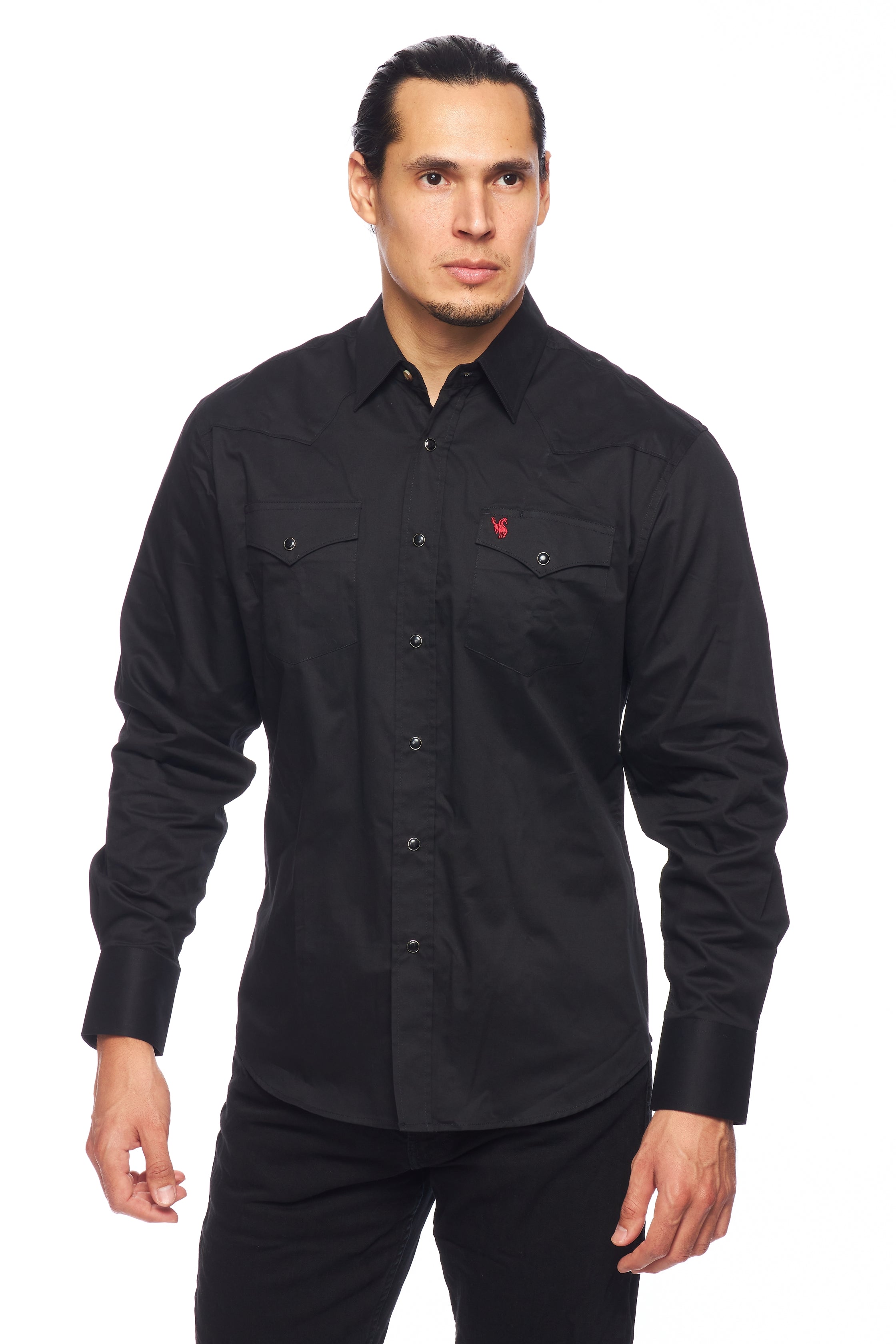 Men's Western Solid Twill Shirt-AC108L-BLACK-RED