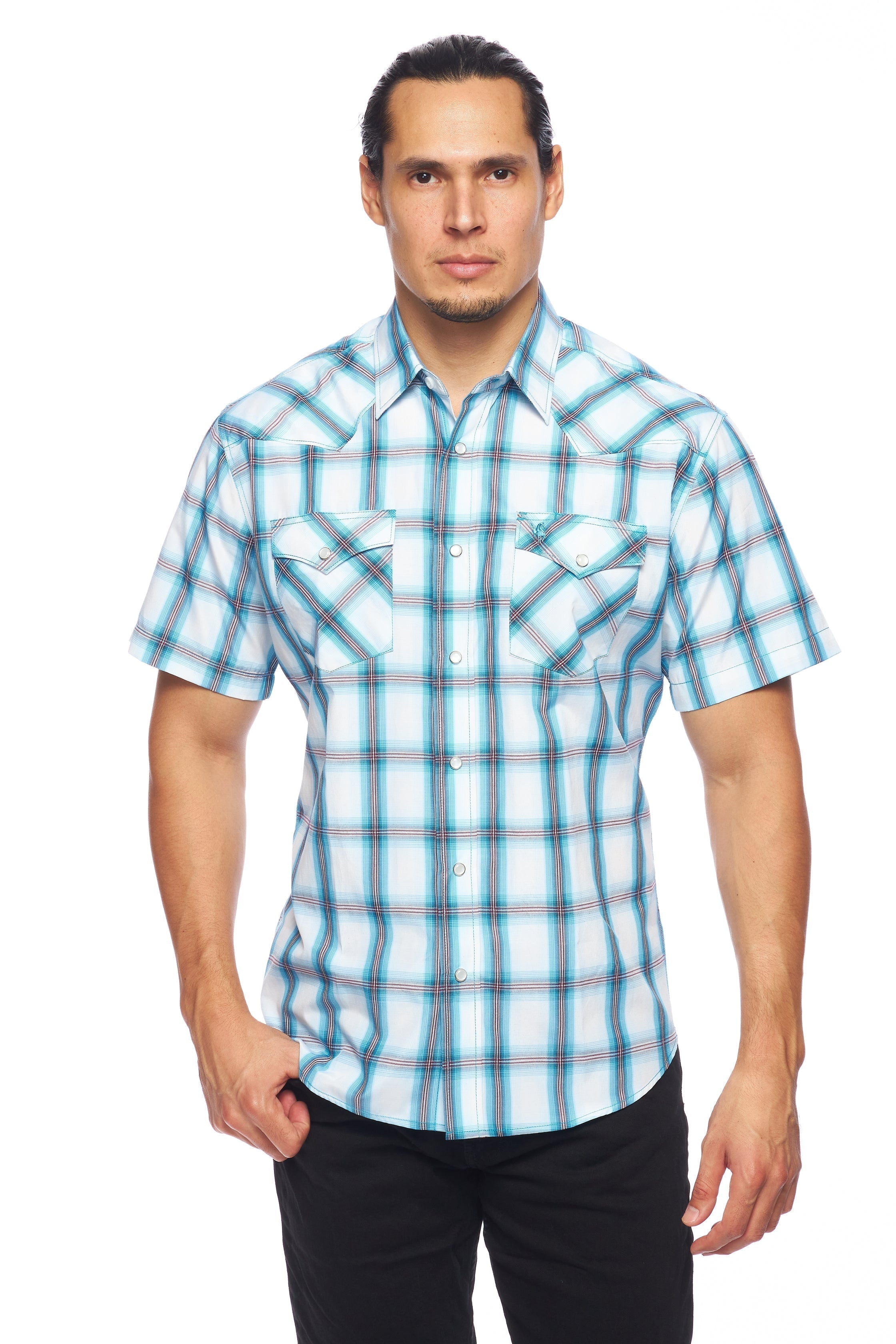 Men's Western Short Sleeve Pearl Snaps Plaid Shirt -PS400S-410